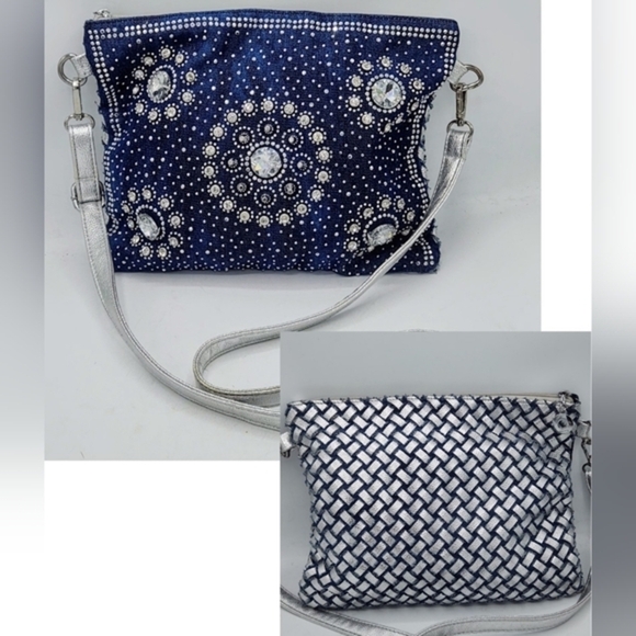 Denim Crystal Rhinestone Crossbody Bag With Metallic Weaving On Back - Picture 3 of 16